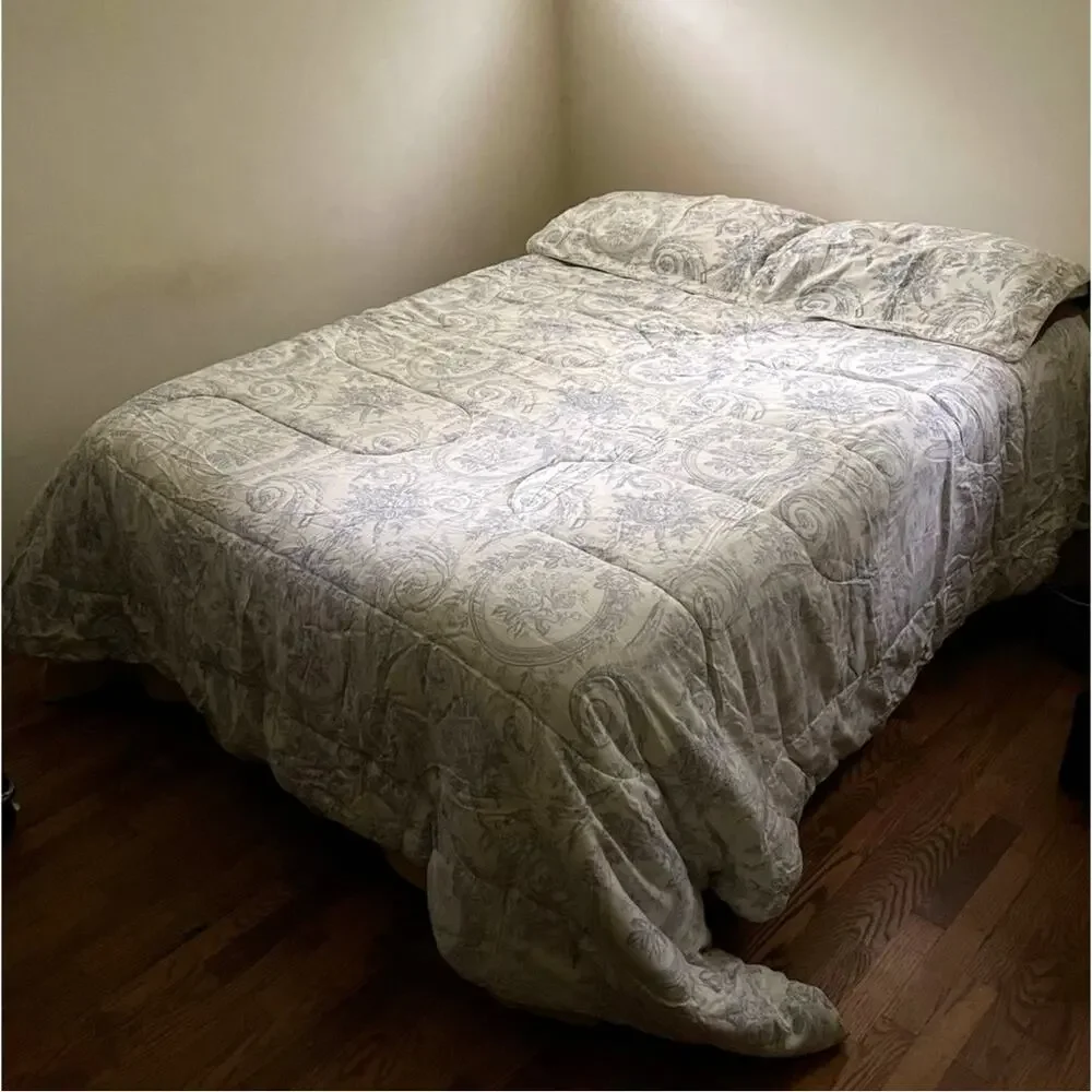 Vintage French country Toile‎ Cream Blue Queen Quilt Comforter Bedspread 2 Shams